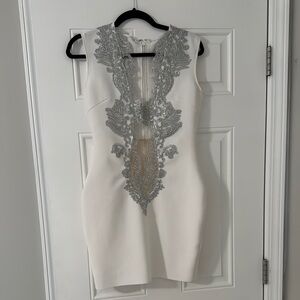 White Sheath Midi Dress with Plunge Neckline